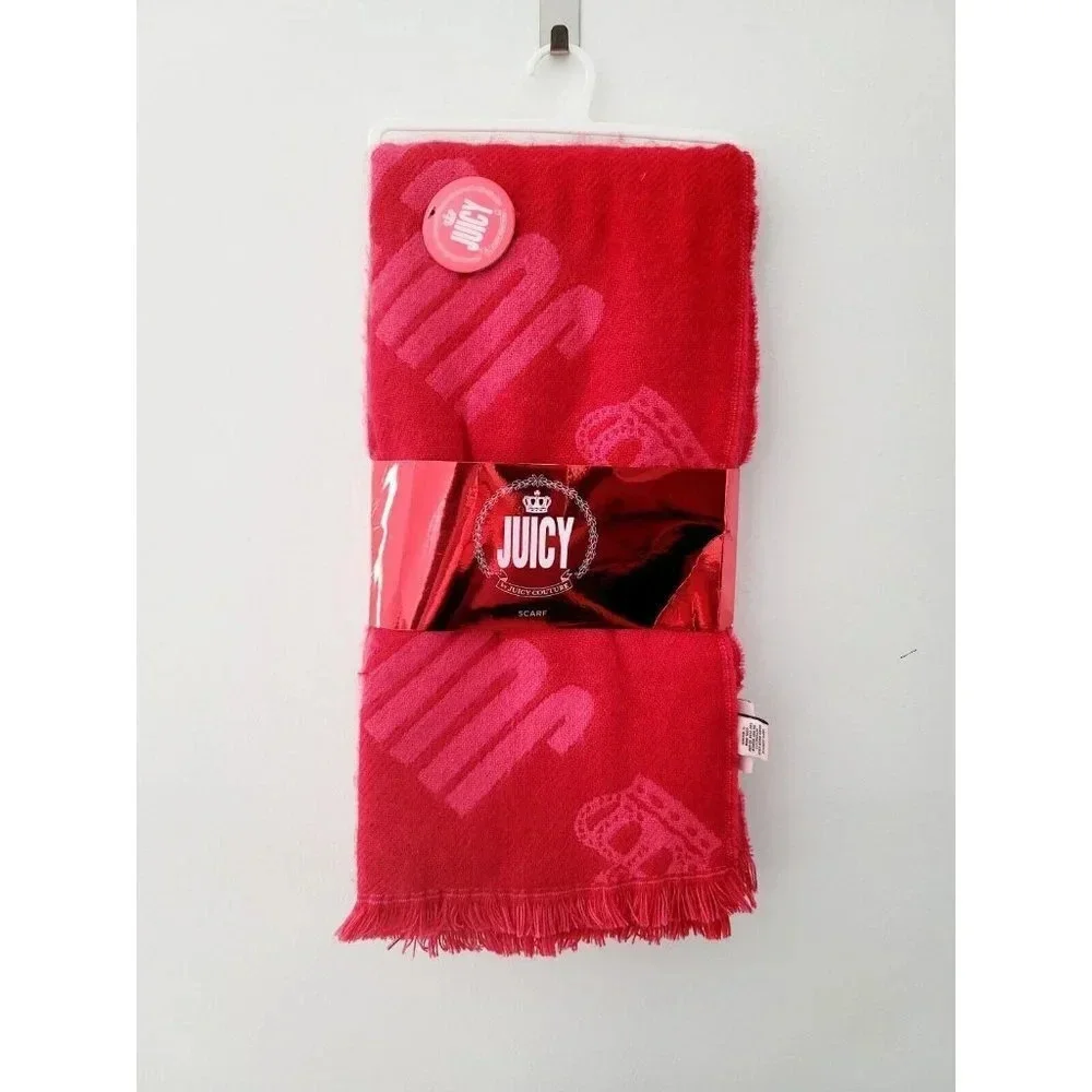 Juicy Couture Red Acrylic Y2K Logo Frayed Winter Fashion Scarf OS One Size